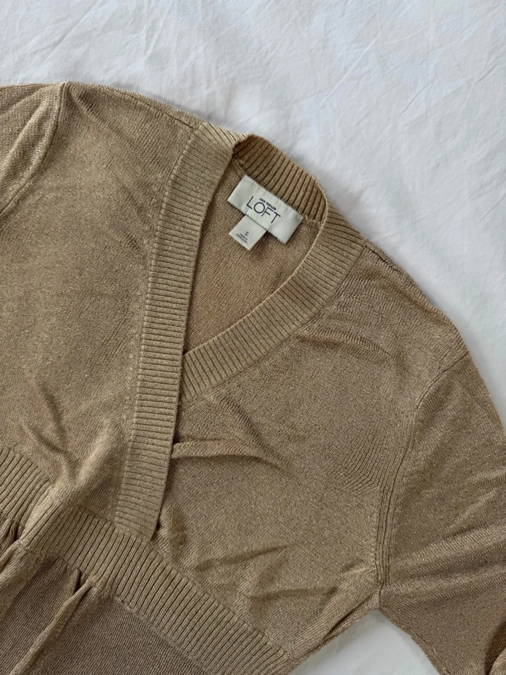 LOFT Shimmery Taupe Wrap-Front Long Sleeve Top size S - Picture 3 of 3